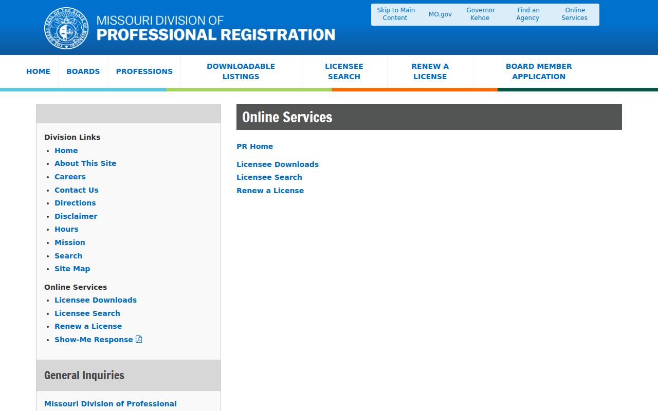 St. Louis residents directory Missouri professional license search routing