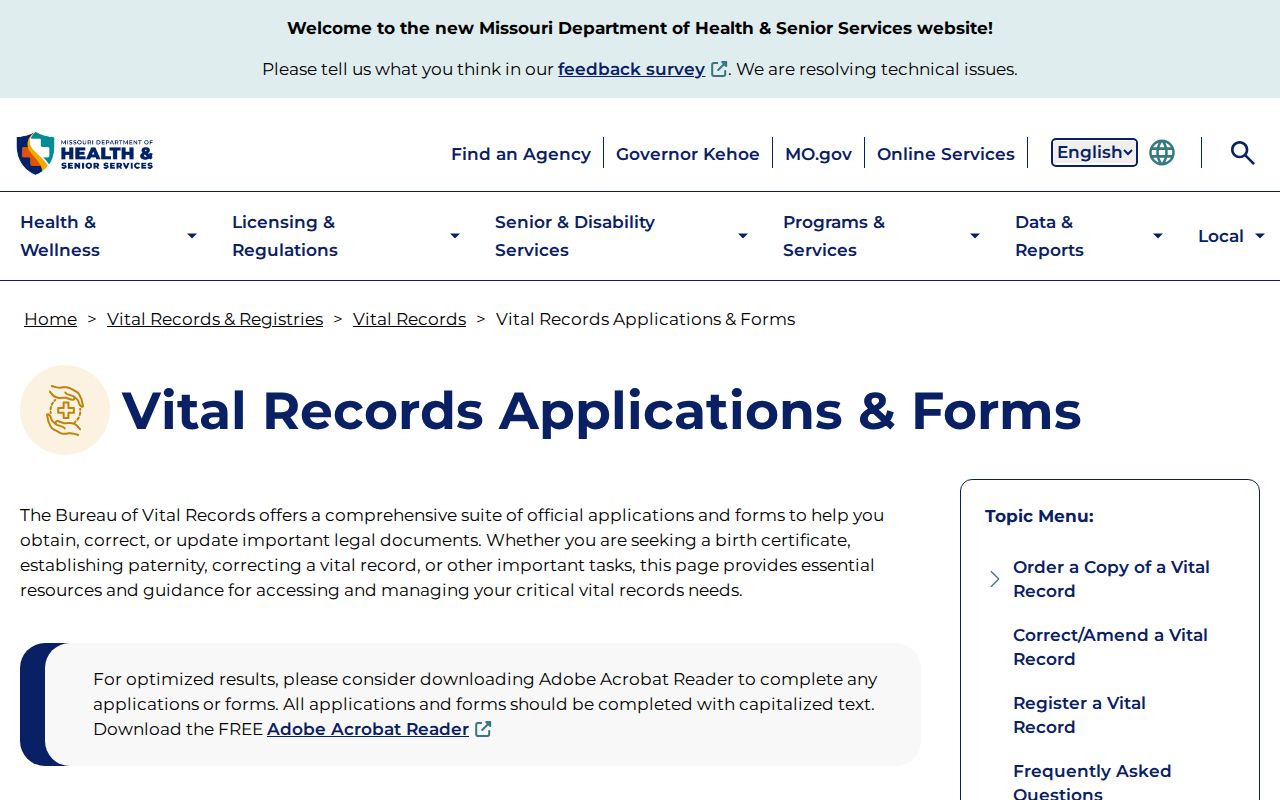 St. Louis resident lookup view of Missouri DHSS vital-record applications